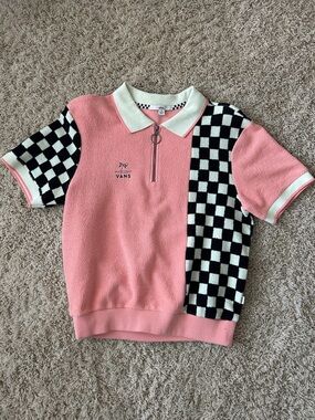 NWOT Vans Peach & Black Checkerboard Quarter-Zip Polo - Size S